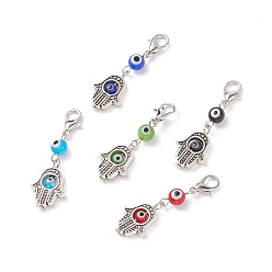 Mixed Color Handmade Evil Eye Lampwork Round Pendant Decorations, with Hamsa Hand Alloy Bead and Lobster Claw Clasps, for Keychain, Purse, Backpack Ornament, Mixed Color, 40mm