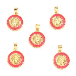 Salmon Brass Enamel Pendants, Cadmium Free & Lead Free, Long-Lasting Plated, Flat Round with Virgin Mary, Real 18K Gold Plated, Salmon, 18x16x2.5mm, Hole: 4.5x3.5mm