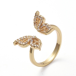 Golden Adjustable Brass Cuff Finger Rings, with Micro Pave Cubic Zirconia, Butterfly, Clear, Golden, Size 7, 17.1mm