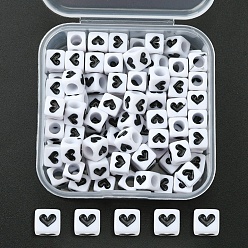White Opaque Acrylic Beads, Cube with Heart, White, 6x6x6mm, Hole: 3.5mm, 100pcs/box