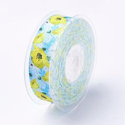 Yellow Polyester Grosgrain Ribbon, Flower Pattern, Yellow, 1 inch(25mm), about 100yards/roll(91.44m/roll)