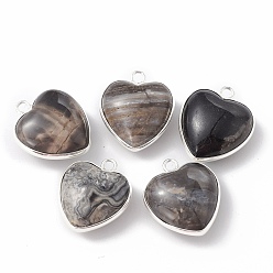 Petrified Wood Natural Petrified Wood Pendants, with Silver Color Plated Brass Findings, Heart Charms, 18~19x15~17x7~10mm, Hole: 2mm