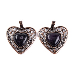 Amethyst Natural Amethyst Peach Love Heart Pendants, Rack Plating Brass Hollow Heart Charms, Cadmium Free & Lead Free, 29.5x30.5x7.5mm, Hole: 7.5x5mm