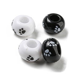 Paw Print Perles acryliques imprimées, rondelle, noir et blanc, empreinte de patte, 13.5x8.5mm, Trou: 5.5~5.6mm