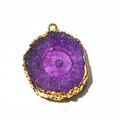 Purple Natural Druzy Agate Dyed Pendants, Golden Edged Flower Slice Charms, Purple, 15~30mm