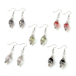 Mixed Color Glass Beads Dangle Earrings, Multi-Petal Filigree Iron Bead Caps, with Brass Earring Hooks, Platinum, Mixed Color, 56mm, Pin: 0.6mm