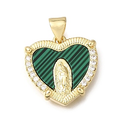 Dark Green Religion Brass & Clear Cubic Zirconia & Acrylic Pendants, Heart with Virgin Mary Pattern Charms, Real 16K Gold Plated, Dark Green, 16.5x16.5x3mm, Hole: 4x3mm