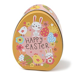 Goldenrod Easter Theme Cartoon Tinplate Gift Box, Egg Shape Candy Box, Egg & Rabbit Pattern Storage Box, Goldenrod, 8.9x11.4x4.4cm