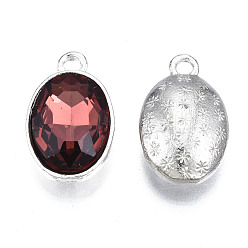 Dark Red Alloy Glass Pendants, Faceted, Oval, Platinum, Cadmium Free & Lead Free, Dark Red, 19x12x6mm, Hole: 1.8mm