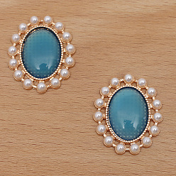 Steel Blue Retro Alloy Cabochons, with Imitation Cat Eye and Pearl, Oval, Light Gold, Steel Blue, 28x23mm