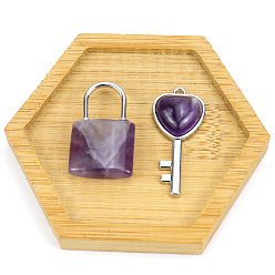 Amethyst Natural Amethyst Love Heart Key and Couple Lock Pendant Set, for Valentine's Day, Lock: 30x20mm, Key: 15x40mm