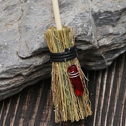 Red Mini Witch Wiccan Altar Broom with Dyed Natural Crystal  Wand, Halloween Healing Wiccan Ritual Decor, Red, 150x25mm
