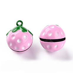 Pearl Pink Baking Painted Brass Bell Pendants, Strawberry, Pearl Pink, 21.5x17.5x17mm, Hole: 2mm