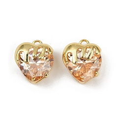 Легкий Лосось Латунные микро проложить кубического циркония прелести, сердце, без свинца и без кадмия, долговечный, стойки покрытие, реальный 18 k позолоченный, светлый померанцевый, 13x11x7.5 мм, отверстие : 1.5 мм