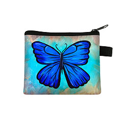 Blue Butterfly Pattern Polyester Clutch Bags, Change Purse with Zipper & Key Ring, for Women, Rectangle, Blue, 13.5x11cm