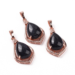 Blue Goldstone Synthetic Blue Goldstone Pendants, Teardrop Charms, with Rose Gold Tone Rack Plating Brass Findings, 32x19x10mm, Hole: 8x5mm