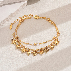 Прозрачный Модные винтажные пляжные браслеты для ног из латуни с кубическим цирконием, двухслойные, с кисточками в форме сердца, регулируемые женские браслеты, реальный 18 k позолоченный, прозрачные