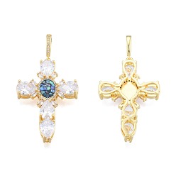 Dark Blue Brass Micro Pave Clear Cubic Zirconia Pendants, with Abalone Shell/Paua Shell, Nickel Free, Real 18K Gold Plated, Cross, Dark Blue, 45.5x30x6.5mm, Hole: 4x7mm