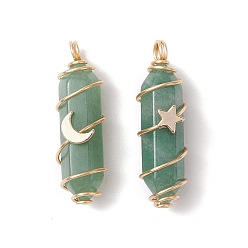 Green Aventurine Natural Green Aventurine Copper Wire Wrapped Pendants, Faceted Bullet Charms with Light Gold Tone Star & Moon Brass Beads, 36~37.5x10~10.5x11~12mm, Hole: 3.5~4mm, 2pcs/set