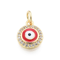 Red Brass Micro Pave Clear Cubic Zirconia Charms, with Enamel and Jump Rings, Golden, Flat Round with Evil Eye, Red, 11x9.5x2mm, Hole: 3mm