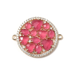 Ярко-Розовый Латунные микро-паве прозрачные кубические цирконии и стеклянные плоские круглые подвески-соединители, реальный 18 k позолоченный, стойки покрытие, долговечный, без кадмия и без свинца, ярко-розовый, 34x28x4 мм, отверстие : 2 мм
