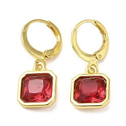 Red Real 18K Gold Plated Brass Dangle Leverback Earrings, with Square Glass, Red, 25.5x10.5mm
