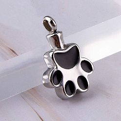Black Openable Stainless Steel Memorial Urn Ashes Pendants, with Enamel, Paw Print, Black, 26.5x16.5mm