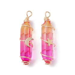 Magenta 2Pcs 2 Style Two Tone Glass Double Terminated Point Beads Pendants Set, Moon & Star Golden Copper Wire Wrapped Charms, Magenta, 38~39x10x18mm, Hole: 3mm, 1Pc/style