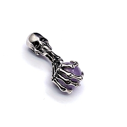 Amethyst Halloween Skull Natural Amethyst Alloy Pendants, Skeleton Hand Charms with Gems Sphere Ball, Antique Silver, 43x19mm