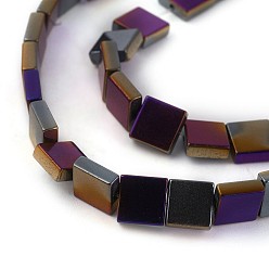 Purple Plated Electroplated Non-magnetic Synthetic Hematite Beads Strands, Half Plated, Flat Slice Square Beads, Purple Plated, 8x8x3mm, Hole: 0.8mm, about 53pcs/strand, 16.14 inch(41cm)