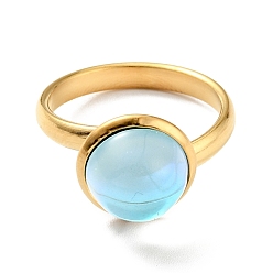 Светло-Голубой K9 стеклянное плоское круглое кольцо на палец, ионное покрытие (ip) 304 ювелирные изделия из нержавеющей стали для женщин, золотые, Небесно-голубой, размер США 7 3/4 (17.9 мм), кольцо поверхность: 12x7mm