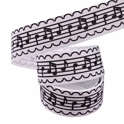 Black Printed Polyester Grosgrain Ribbons, Musical Note, Black, 1 inch(25mm), 10 yards/roll
