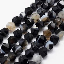 Black Natural Striped Agate/Banded Agate Beads Strands, Star Cut Round Beads, Dyed & Heated, Faceted, Black, 8~8.5mm, Hole: 1mm, about 48~50pcs/strand, 14.9~15.1 inch(38~38.5cm)