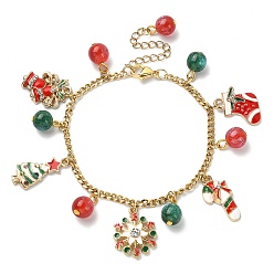 Colorful Christmas Sock & Tree & Snowflake Alloy Enamel Charm Bracelets, 304 Stainless Steel Curb Chains Bracelet, Colorful, 7-1/4 inch(18.5cm)
