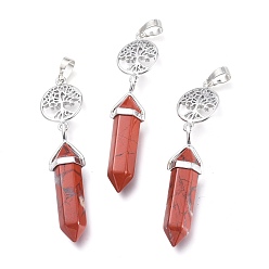 Red Jasper Natural Red Jasper Pointed Big Pendants, with Platinum Plated Brass Findings, Faceted, Bullet & Tree of Life, 59~67x14~15mm, Hole: 7x5mm