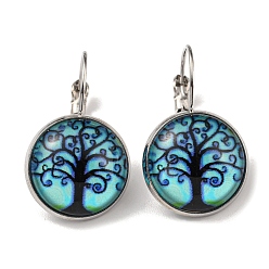 Pale Turquoise Tree of Life Glass Leverback Earrings with Brass Earring Pins, Pale Turquoise, 29mm