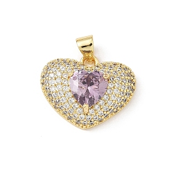 Лиловый 5 кулоны из латуни с прозрачным кубическим цирконием, сердце, без свинца и без кадмия, долговечный, стойки покрытие, реальный 18 k позолоченный, сирень, 16x20x8 мм, отверстие : 5x3.5 мм