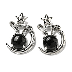 Обсидиан Природные подвески обсидиана, Подвески в виде кролика со стойкой из латуни, луны и звезды, платина, без кадмия и без свинца, 27.5x18x9 мм, отверстие : 6x2.5 мм