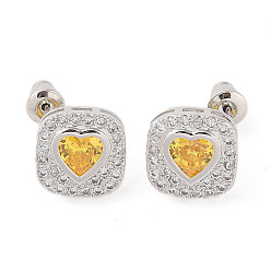 Gold Rack Plating Brass Micro Pave Cubic Zirconia Stud Earrings, Long-lasting Plated, Square with Heart, Gold, 13x13mm