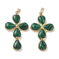Malachite Synthetic Malachite Pendants, Cross Charms, with Golden Tone Brass Findings, 38~41x22.5~23.5x5.5~6mm, Hole: 5.5x3.5mm