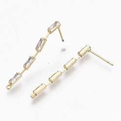 Real 18K Gold Plated Brass Clear Cubic Zirconia Stud Earring Findings, for Half Drilled Beads, with Loop, Nickel Free, Real 18K Gold Plated, Rectangle, Real 18K Gold Plated, 32.5x2mm, Hole: 1.2mm, Pin: 0.7mm