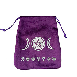 Moon Velvet Tarot Cards Storage Drawstring Bags, Tarot Desk Storage Holder, Purple, Moon Pattern, 16.5x15cm