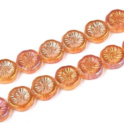 Оранжевый Полугальванизированная краска для запекания стеклянные бусины нити, плоский круглый с цветком, с покрытием AB цвета, оранжевые, 12x4 мм, отверстие : 1 мм, около 50 шт / нитка, 23.62'' (60 см)