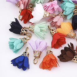 Mixed Color Cloth Pendants, with Iron Findings, Flower, Light Gold, Mixed Color, 17~20x10~16mm, Hole: 2mm