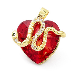 FireBrick Real 18K Gold Plated Rack Plating Brass Micro Pave Cubic Zirconia Pendants, with Glass, Long-Lasting Plated, Cadmium Free & Lead Free, Snake with Heart, FireBrick, 21x22.5~23x12.5~13.5mm, Hole: 3.5x5mm