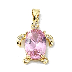 Pink Покрытие стойки настоящее 18k позолоченное латунное микро-паве подвески из кубического циркония, со стеклом, долговечный, без свинца и без кадмия, черепаха, розовые, 23x17x5.5 мм, отверстие : 4x3 мм