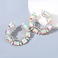 AB color Sparkling Rhinestone Earrings for Women, Alloy Claw Chain Glass Diamond Water Drill Circle Shape Exaggerated Trendy Evening Jewelry