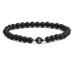Dumb black stone S 6mm Matte Agate Stone Beaded Letter Bracelet for Men and Couples Jewelry