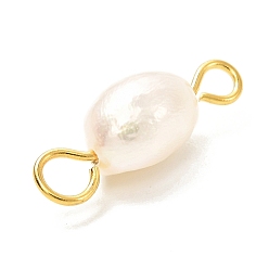 Seashell Color Natural Cultured Freshwater Pearl Beads Links Connectors,  with Golden 304 Stainless Steel Eye Pins, Rice, Seashell Color, 17~18x6.5~7mm, Hole: 2mm