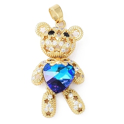 Dodger Blue Real 18K Gold Plated Rack Plating Brass Micro Pave Cubic Zirconia Pendants, with Glass, Long-Lasting Plated, Cadmium Free & Lead Free, Bear with Star Pattern, Dodger Blue, 38x19.5x9mm, Hole: 3.5x5mm